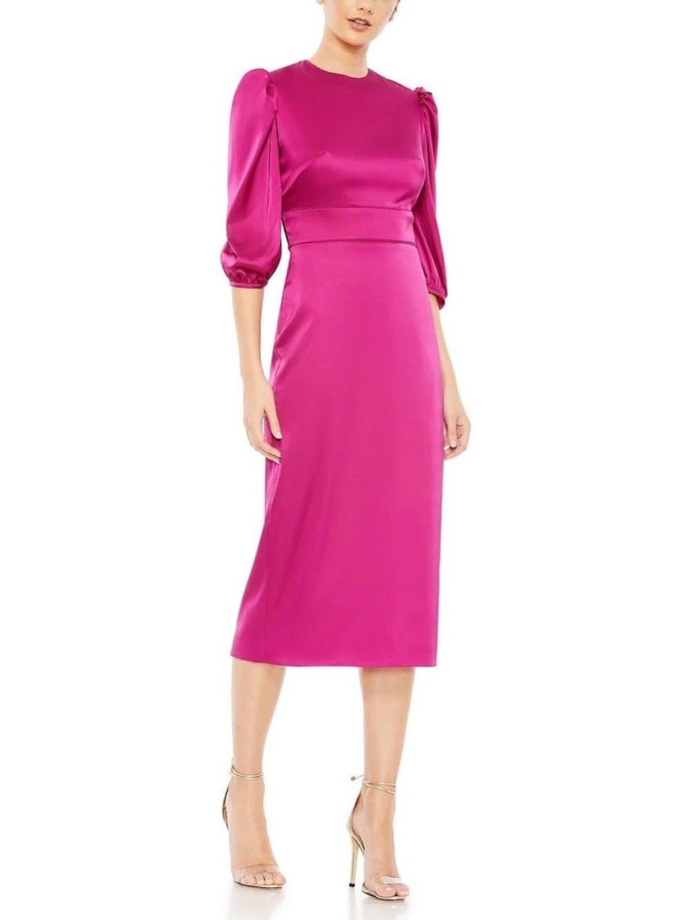 NEW Mac Duggal Satin High Neck Puff Shoulder Midi Dress Fuchsia 26927